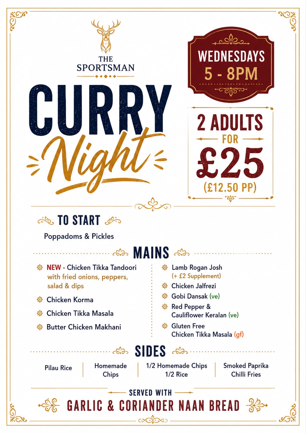 Curry Night flyer: Wednesdays 5 to 8pm, 2 adults for £25